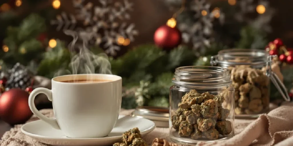 Cannabis buds next to a hot coffee cup in a cozy Christmas setting.