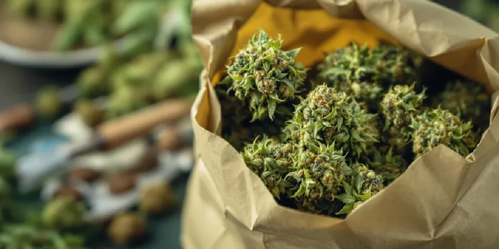 Multiple paper bags with cannabis buds showing curing method with humidity monitoring