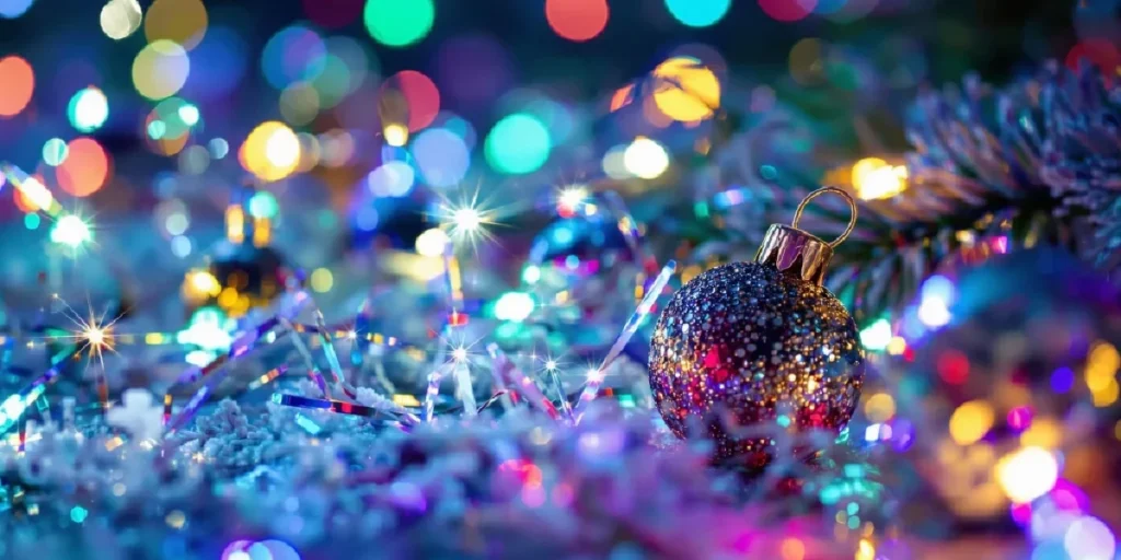Colorful Christmas lights and decorations creating a cozy festive atmosphere.