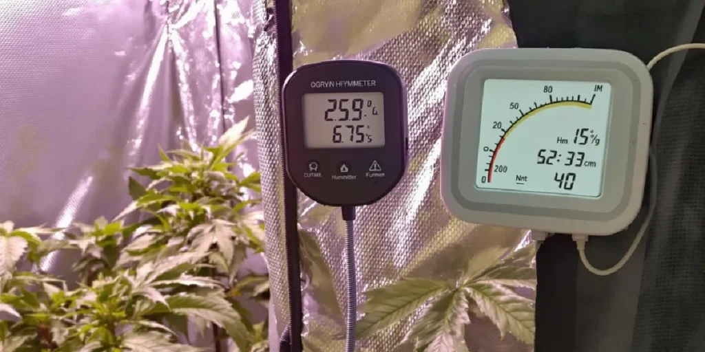 dehumidifier next to cannabis plants inside grow tent controlling moisture levels