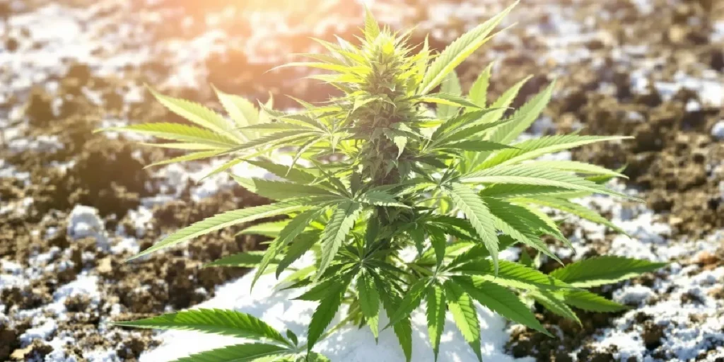 Cannabis plant outdoors with diatomaceous earth applied on soil for pest control.
