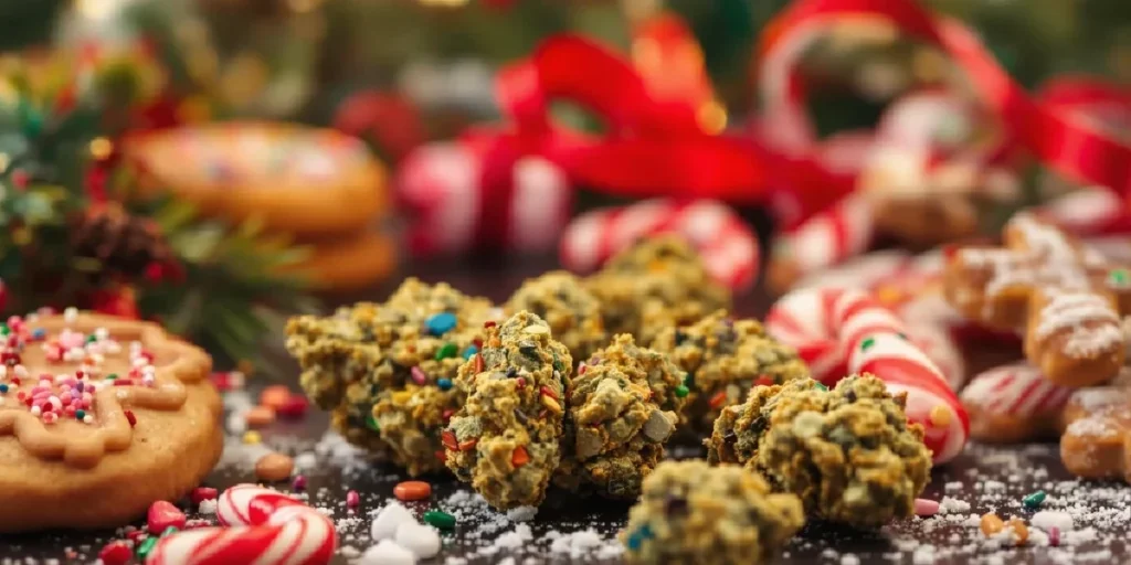 Frosty cannabis buds resembling winter-themed strains with dense trichomes.