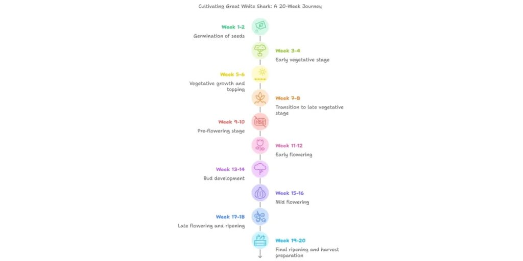 Great White Shark cannabis buds in flowering stage with dense resin production.