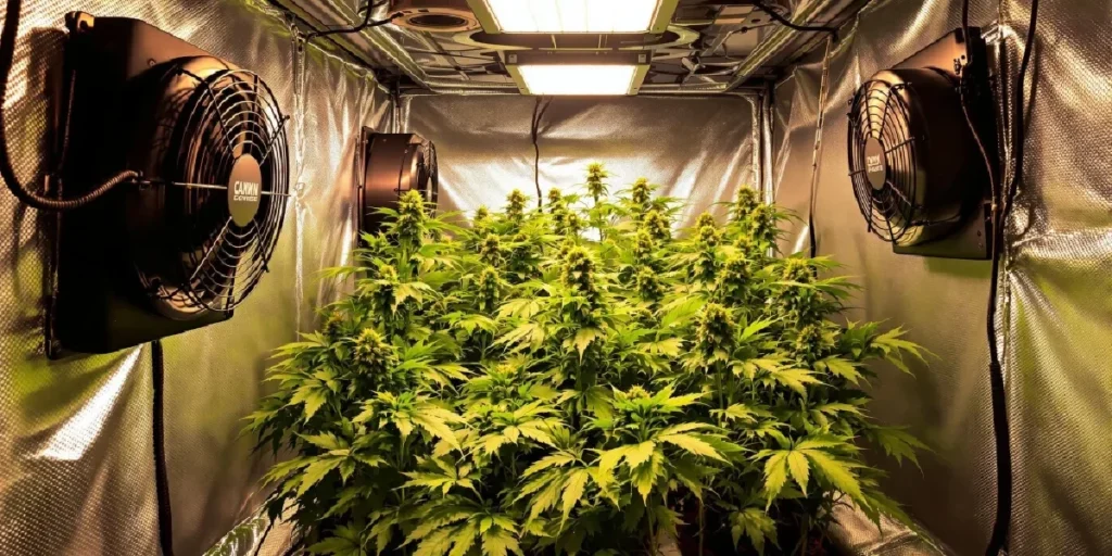 Cannabis grow tent with multiple fans ensuring proper air circulation.