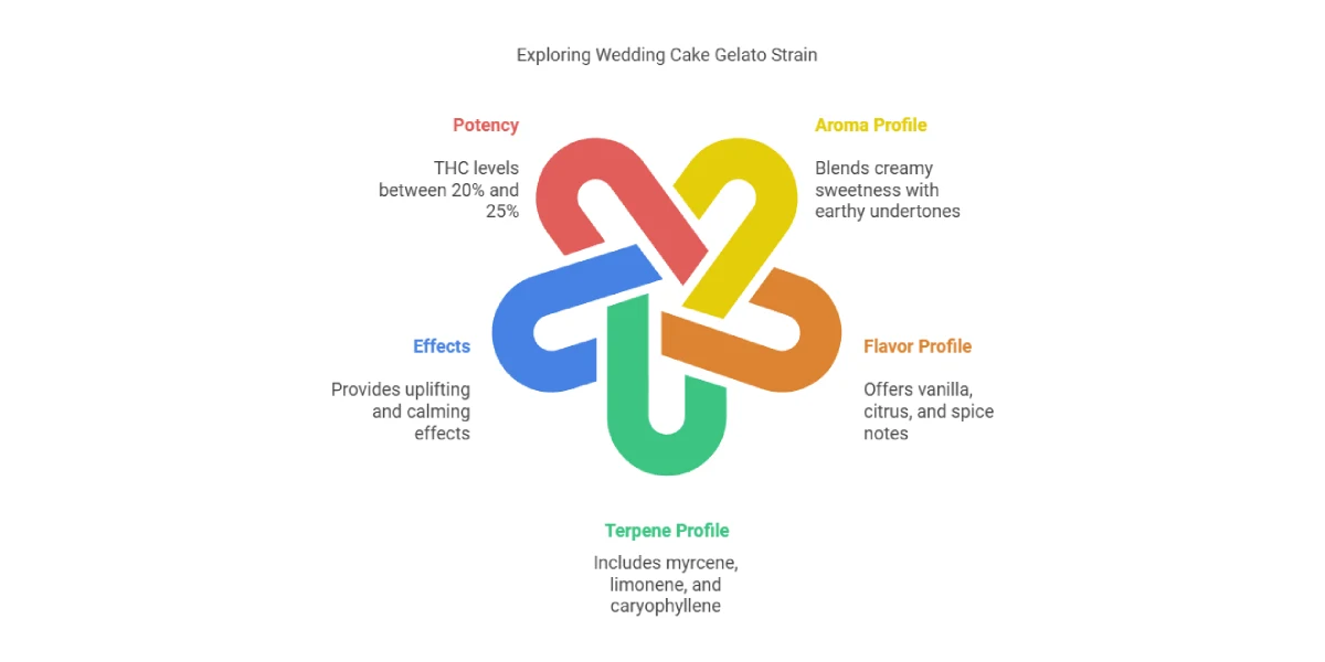 wedding cake gelato strain infographic showing potency aroma flavor effects and terpenes
