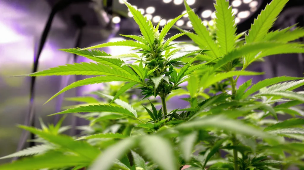 Close-up of a cannabis plant in the vegetative stage under grow lights, ensuring optimal conditions to prevent accidental flowering during veg.