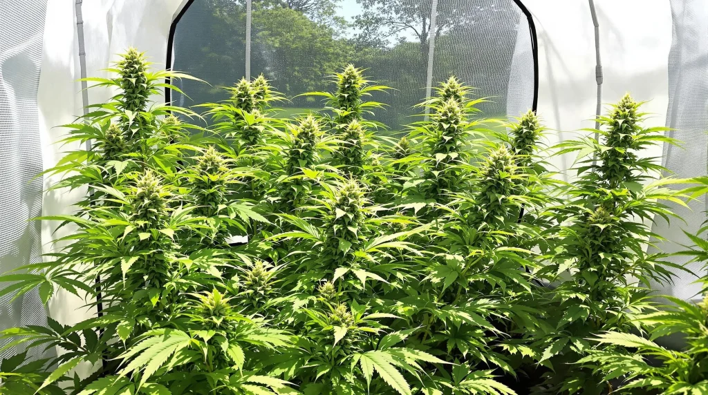 Outdoor cannabis plants thriving in sunlight, protected by light-proof barriers to avoid accidental flowering during veg.