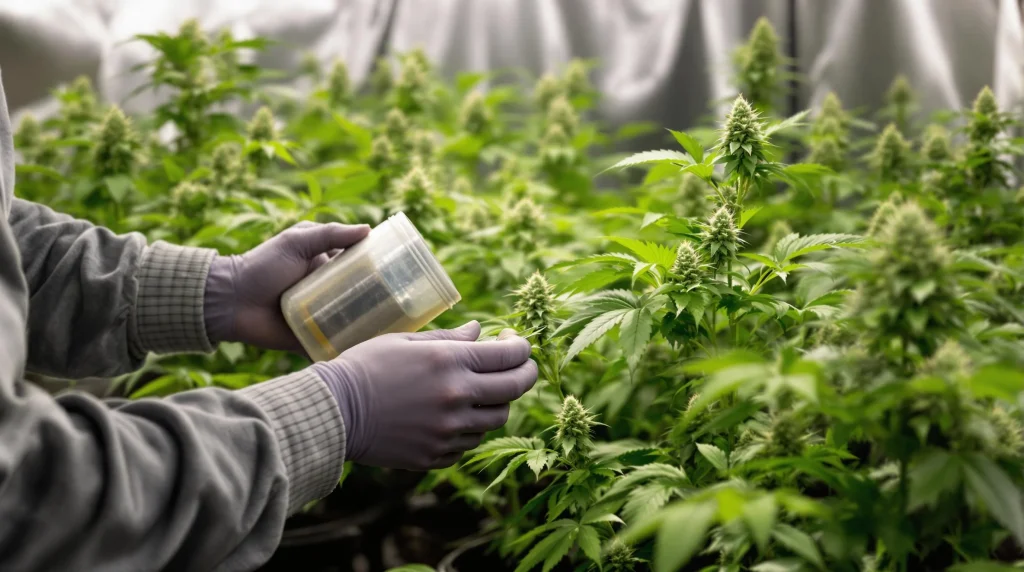 Grower applying the best fertilizer mix to cannabis plants during flowering.