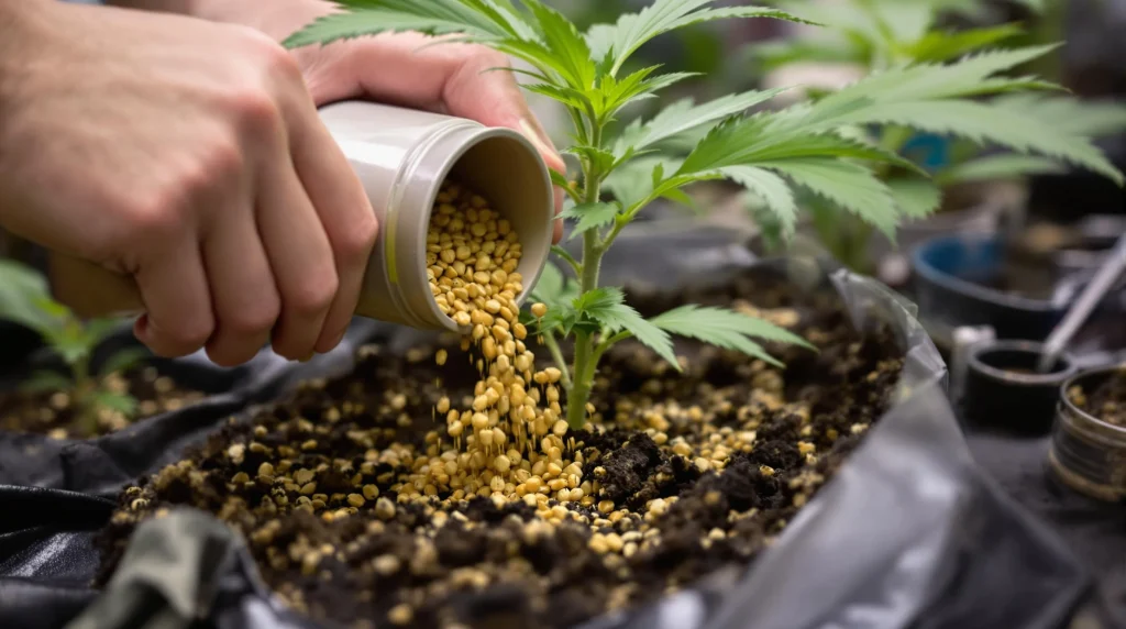 Grower preparing organic fertilizer for budding cannabis plants.