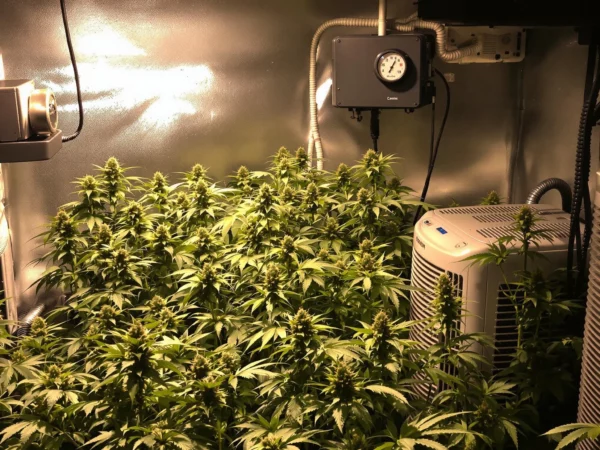 Indoor grow room with flowering cannabis and humidity control tools.