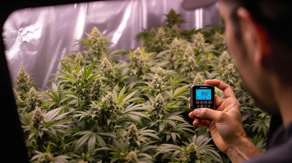 Grower adjusting hygrometer in a cannabis grow tent during flowering.