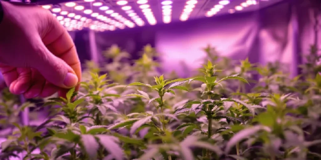 Autoflower seedlings under purple LED grow lights with hand adjusting plant