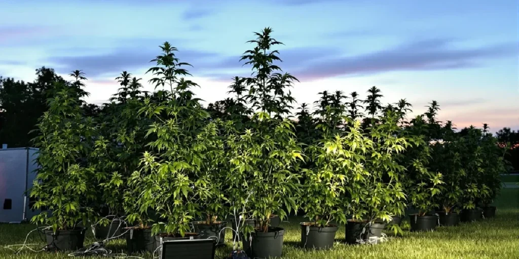 Autoflower cannabis plant flowering under high-intensity LED lights indoors