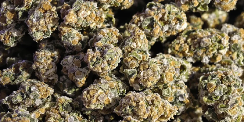 frosty cannabis bud with visible trichomes under warm lighting