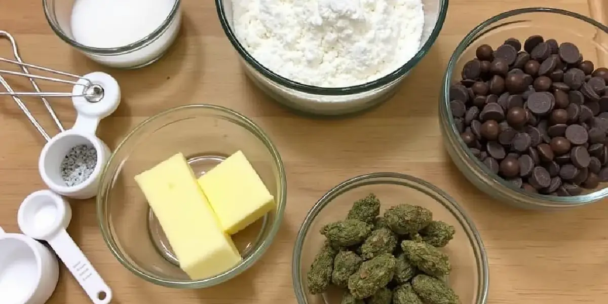 ingredients for cannabis cookies including flour butter chocolate and cannabis buds