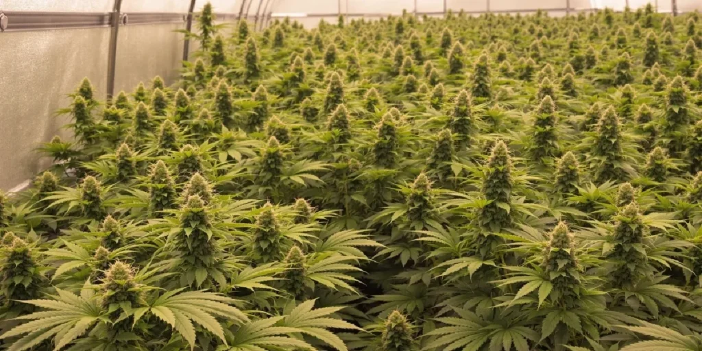 Large greenhouse filled with uniform cannabis plants from stable genetics