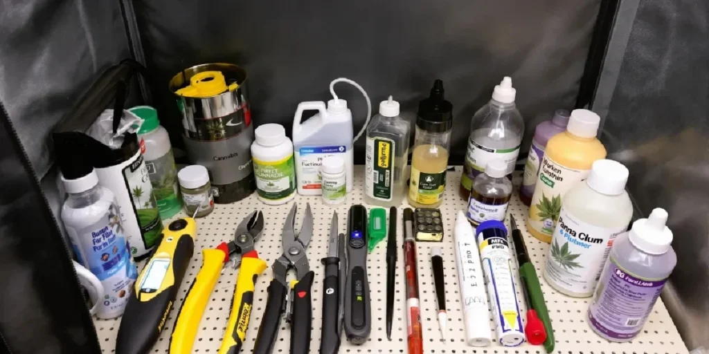 Cannabis growing supplies tools and nutrients setup