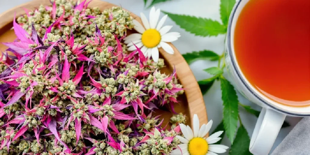 herbal tea with cannabis leaves and flowers on a wooden plate