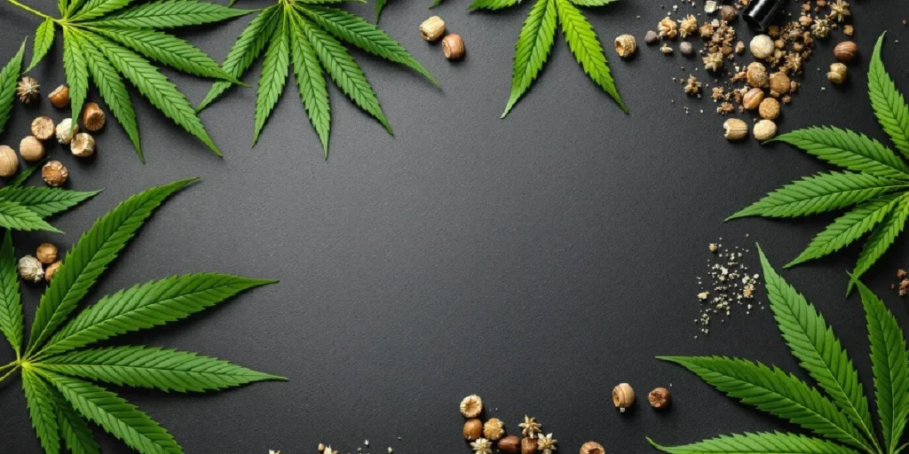 Cannabis leaves arranged on dark background with natural botanical elements