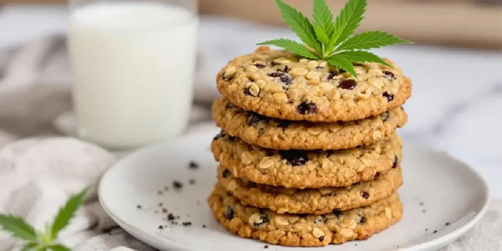 stack of oatmeal cannabis cookies with milk