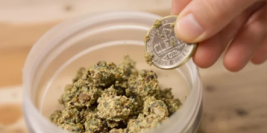 Using coin in container to break cannabis buds without grinder