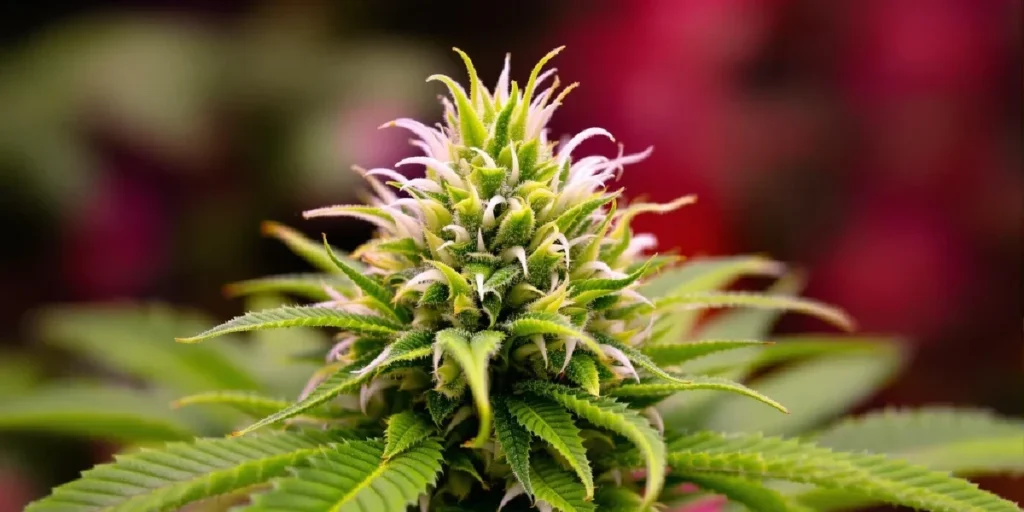 Female cannabis plant in early flowering with pistils