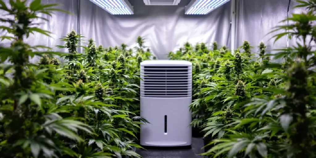 Grower inspecting cannabis seedlings under LED lights with humidity control