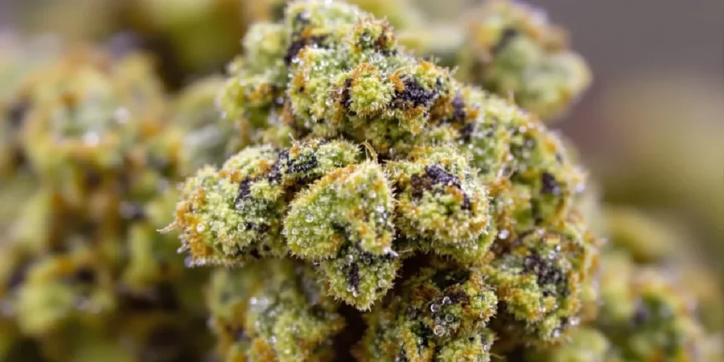 Close-up of cannabis bud covered in trichomes with guaiol terpene presence