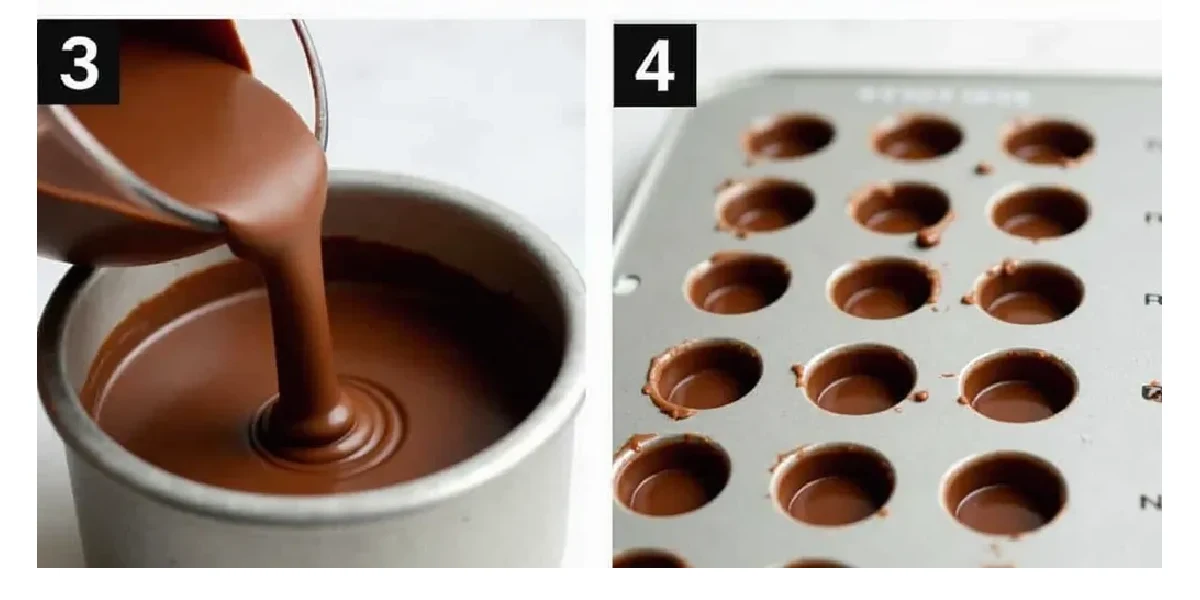 Melted chocolate being poured into mold for cannabis chocolate recipe