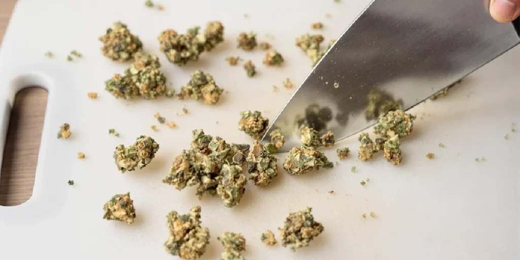 Cutting cannabis buds with scissors as grinder substitute
