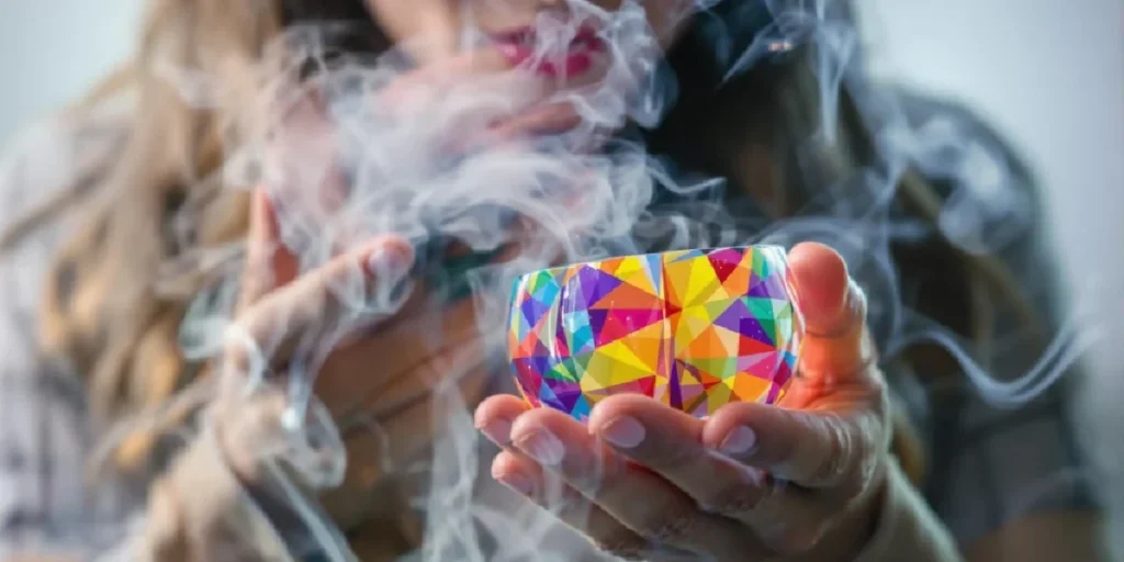 person holding and using a colorful weed bowl with smoke