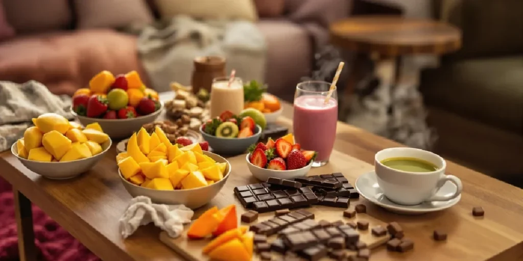 Variety of sweet snacks and fruits for munchies