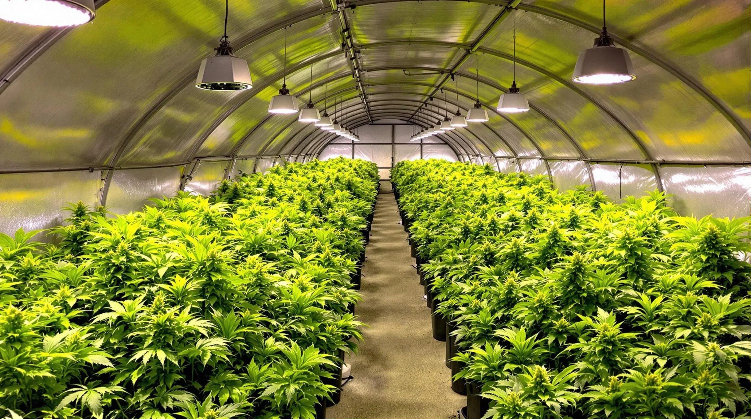 Indoor grow room with autoflower strains under LED lights.