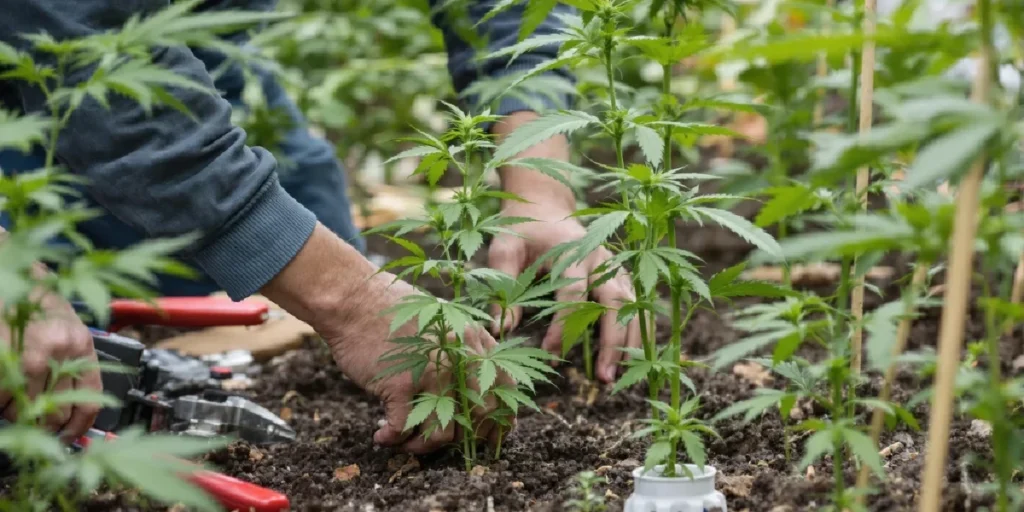 cannabis plants grown outdoors in large field under sunlight