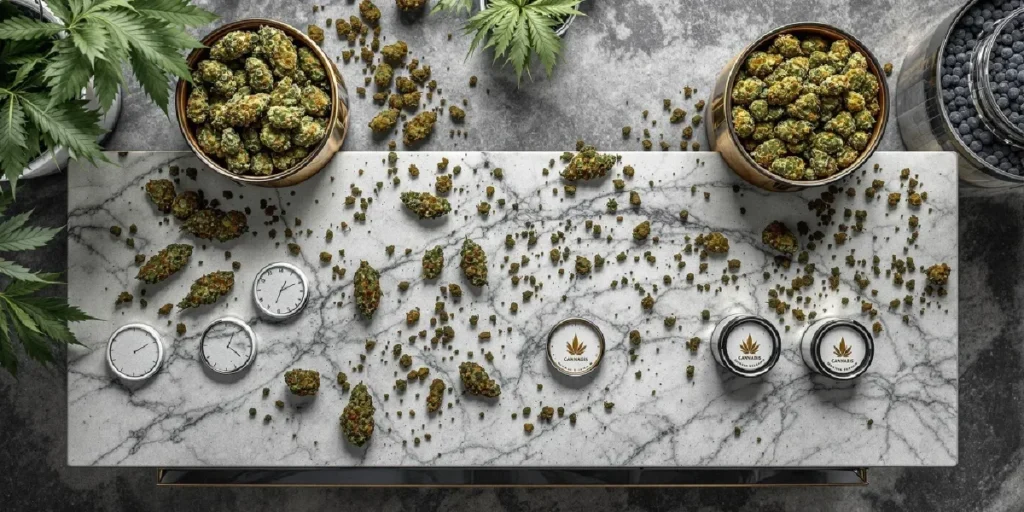 assortment of exotic weed buds displayed on table