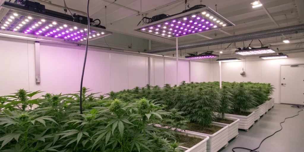 Indoor grow setup with Arjans haze 3 strain plants thriving under full-spectrum LED lighting.