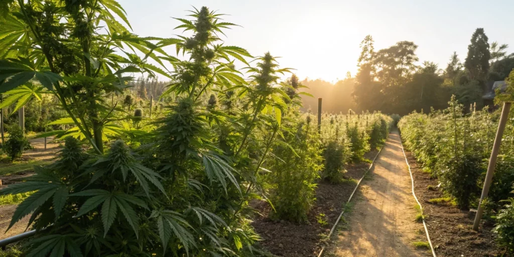 Outdoor cultivation of Arjans haze 3 strain with robust, lush plants under natural sunlight.