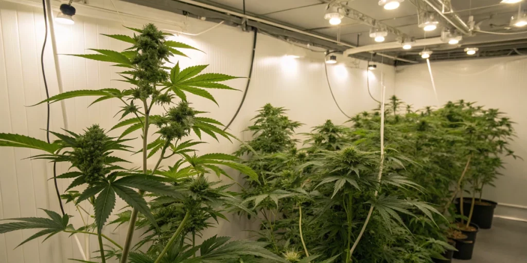 Indoor grow room setup with Arjans Ultra Haze 1 strain plants thriving under full-spectrum LED lights.