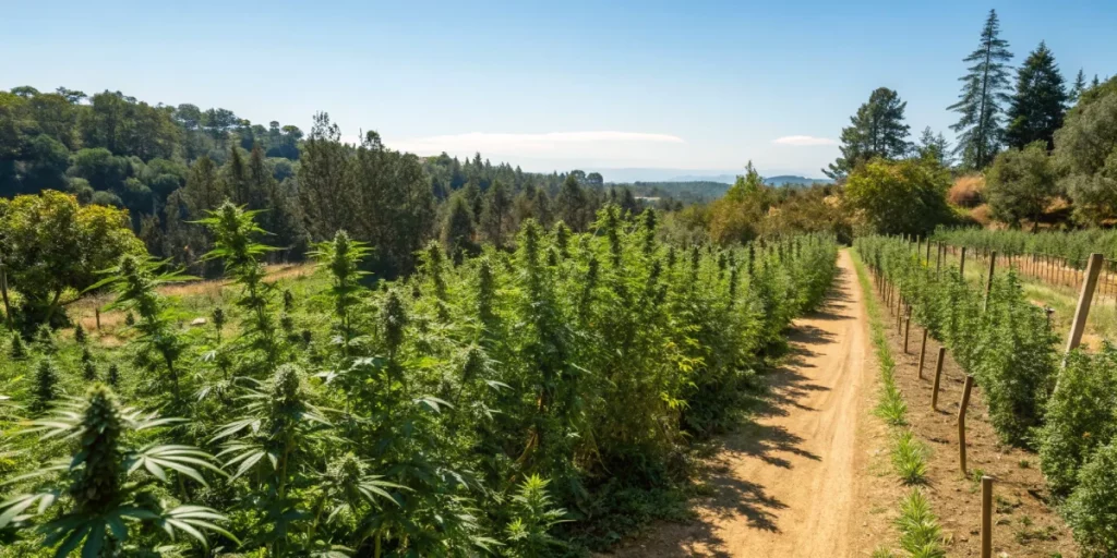 Outdoor cultivation of Arjans Ultra Haze 1 strain plants basking in natural sunlight with healthy growth and lush surroundings.