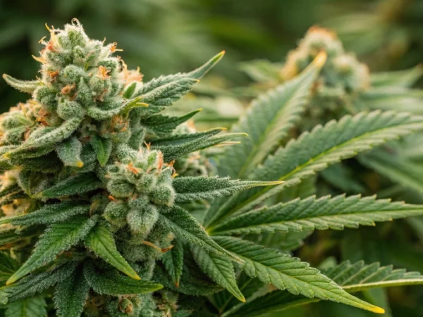 Close-up of Big Bang Auto strain buds showing dense resin, sparkling trichomes, and vibrant green hues with citrus hints.
