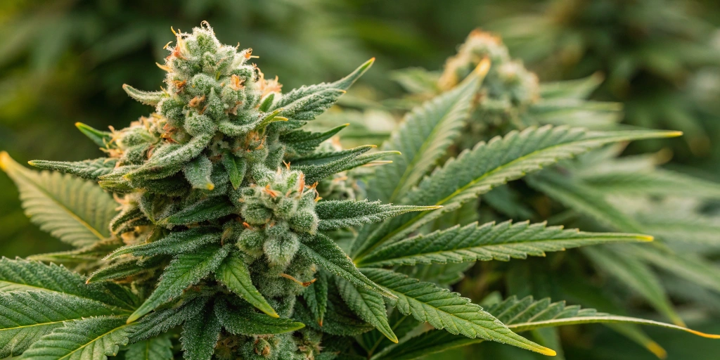 Close-up of Big Bang Auto strain buds showing dense resin, sparkling trichomes, and vibrant green hues with citrus hints.