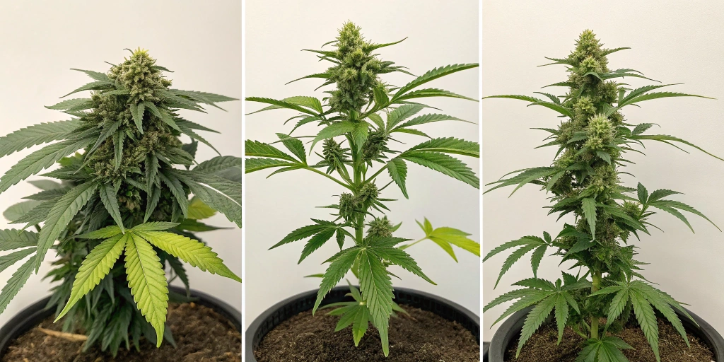 Side-by-side comparison of three auto-flowering cannabis strains, highlighting distinct bud structures and colors on a neutral background.