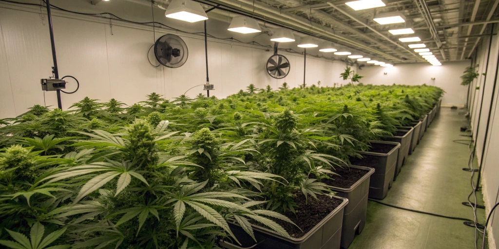 Indoor grow room with Big Bang Auto strain plants under full-spectrum LED lights, with fans and carbon filters visible in the background.