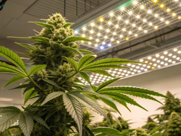 A vibrant Fat Banana Auto strain cannabis plant thriving in a well-lit indoor grow room with full-spectrum LED lights and modern equipment.