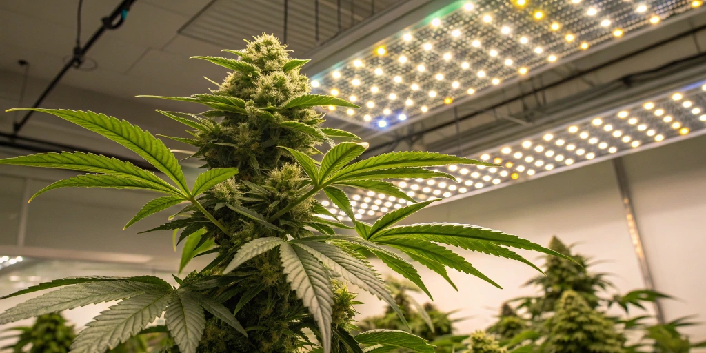 A vibrant Fat Banana Auto strain cannabis plant thriving in a well-lit indoor grow room with full-spectrum LED lights and modern equipment.