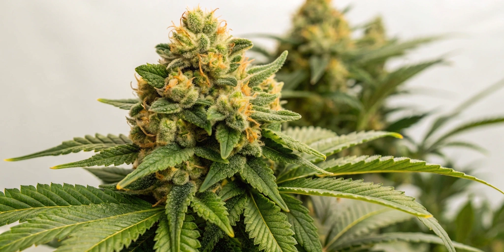 A detailed close-up of Fat Banana Auto strain buds, showcasing dense trichomes and vibrant tropical colors on a neutral background.