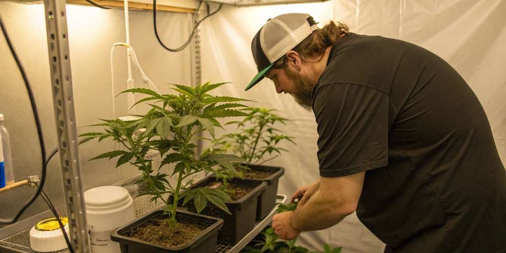 A focused grower carefully inspecting a mature Fat Banana Auto strain plant in a small indoor setup, with tools and nutrient solutions in view.