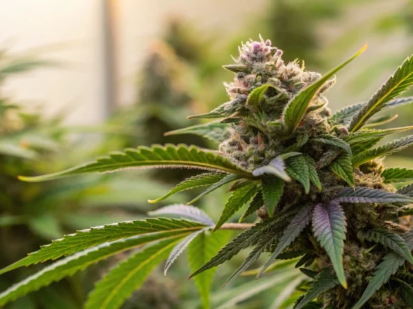 Close-up view of G14 Auto strain buds, highlighting dense resin and vibrant trichomes on a backdrop of healthy green leaves.
