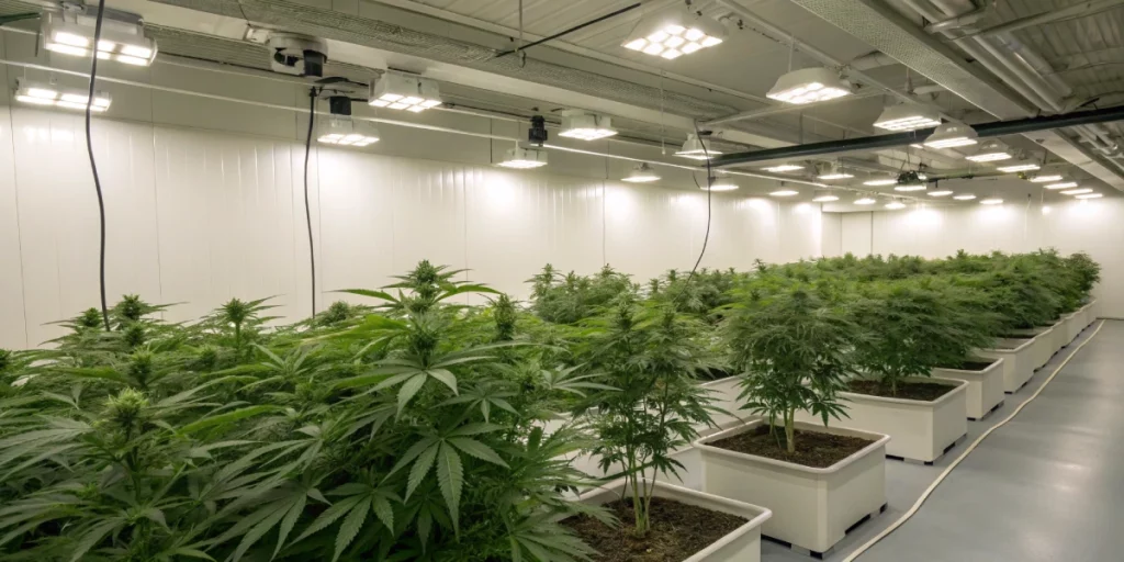 Indoor grow room with G14 Auto strain plants under full-spectrum LED lights, demonstrating a controlled environment ideal for producing high-quality buds.