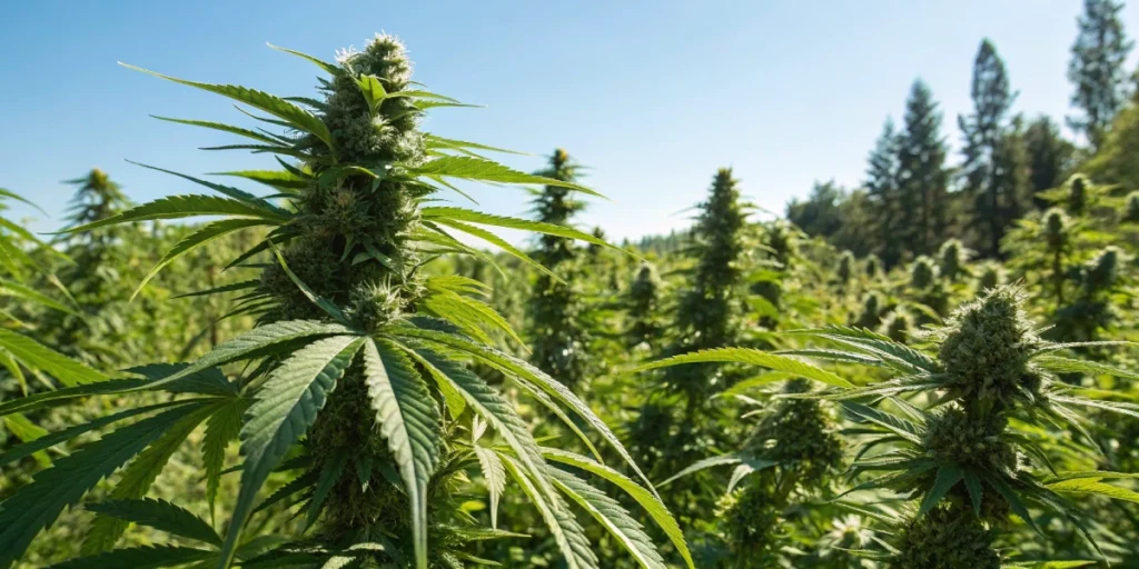 Outdoor cannabis garden with G14 Auto strain plants thriving under bright sunlight, featuring lush foliage, dewy leaves, and dense, resinous buds in a clear blue sky setting.